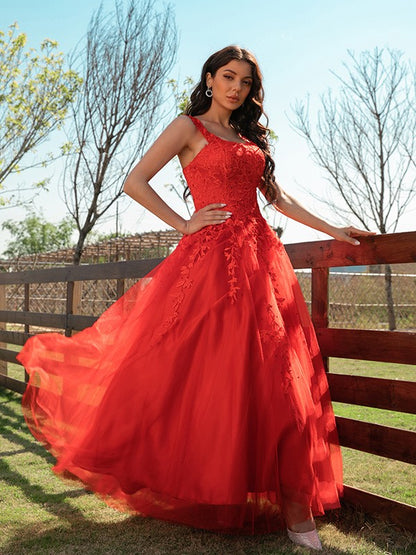 A-Line/Princess Tulle Applique Off-the-Shoulder Sleeveless Floor-Length Dresses