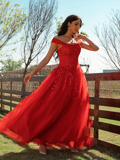 A-Line/Princess Tulle Applique Off-the-Shoulder Sleeveless Floor-Length Dresses