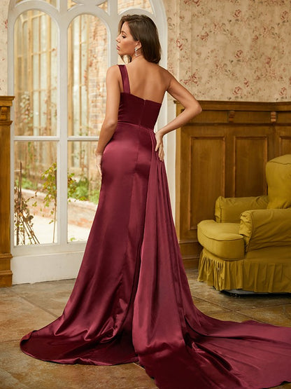 Sheath/Column Elastic Woven Satin Sequin One-Shoulder Sleeveless Sweep/Brush Train Dresses