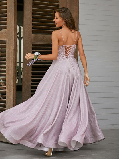 A-Line/Princess Applique V-neck Sleeveless Floor-Length Dresses