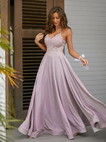 A-Line/Princess Applique V-neck Sleeveless Floor-Length Dresses