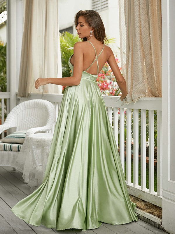 A-Line/Princess Silk like Satin Ruffles Spaghetti Straps Sleeveless Sweep/Brush Train Dresses