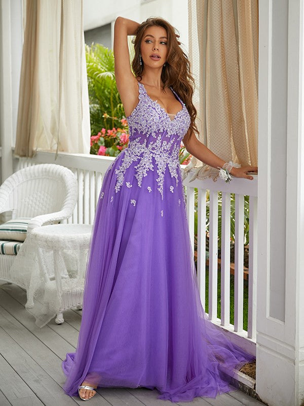 A-Line/Princess Tulle Applique V-neck Sleeveless Sweep/Brush Train Dresses