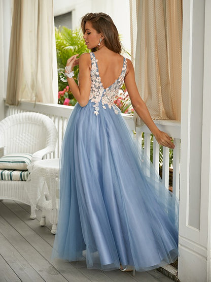 A-Line/Princess Tulle Applique V-neck Sleeveless Floor-Length Dresses