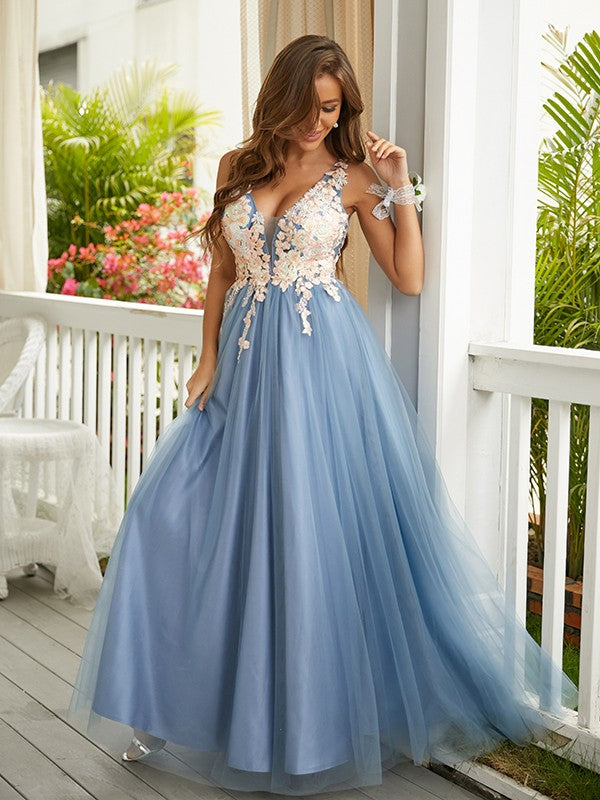 A-Line/Princess Tulle Applique V-neck Sleeveless Floor-Length Dresses