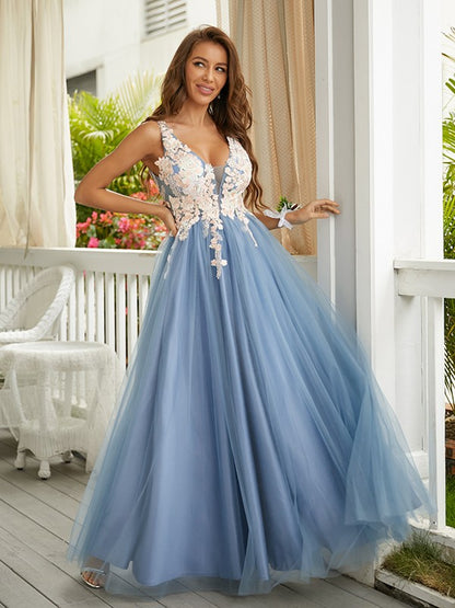 A-Line/Princess Tulle Applique V-neck Sleeveless Floor-Length Dresses