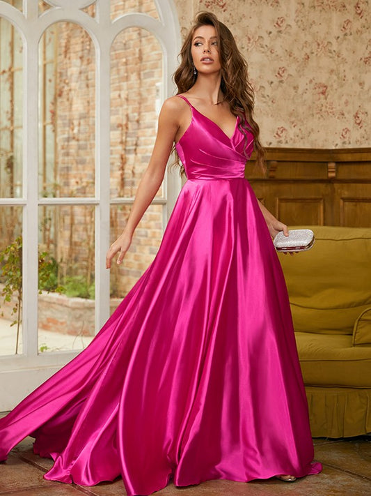 A-Line/Princess Elastic Woven Satin Ruched V-neck Sleeveless Sweep/Brush Train Dresses