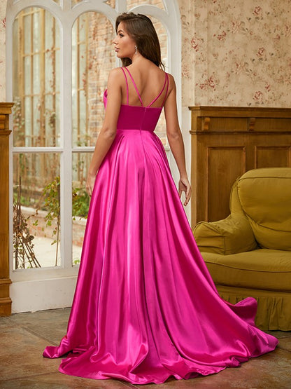 A-Line/Princess Elastic Woven Satin Ruched V-neck Sleeveless Sweep/Brush Train Dresses