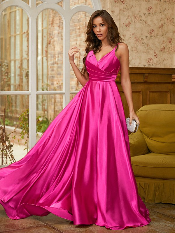 A-Line/Princess Elastic Woven Satin Ruched V-neck Sleeveless Sweep/Brush Train Dresses