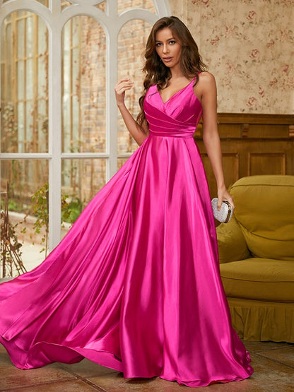 A-Line/Princess Elastic Woven Satin Ruched V-neck Sleeveless Sweep/Brush Train Dresses