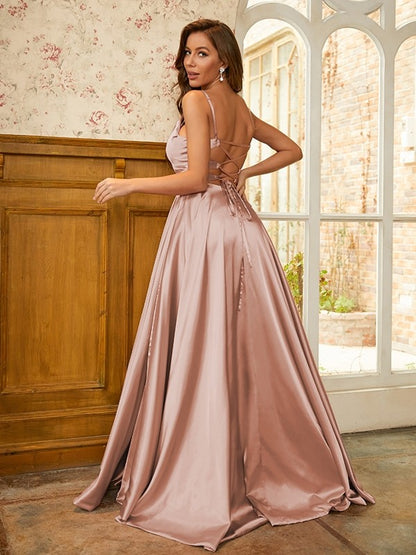 A-Line/Princess Silk like Satin Ruffles Spaghetti Straps Sleeveless Sweep/Brush Train Dresses