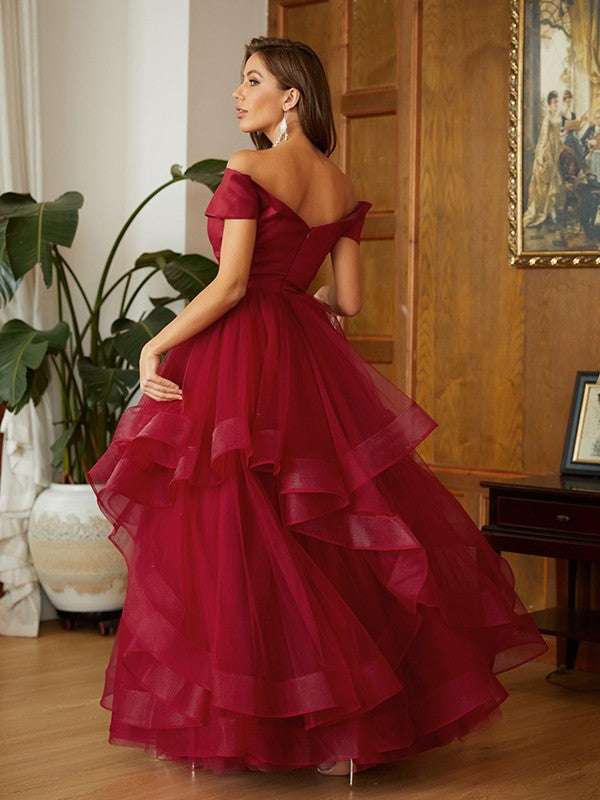 A-Line/Princess Tulle Ruffles Off-the-Shoulder Sleeveless Floor-Length Dresses