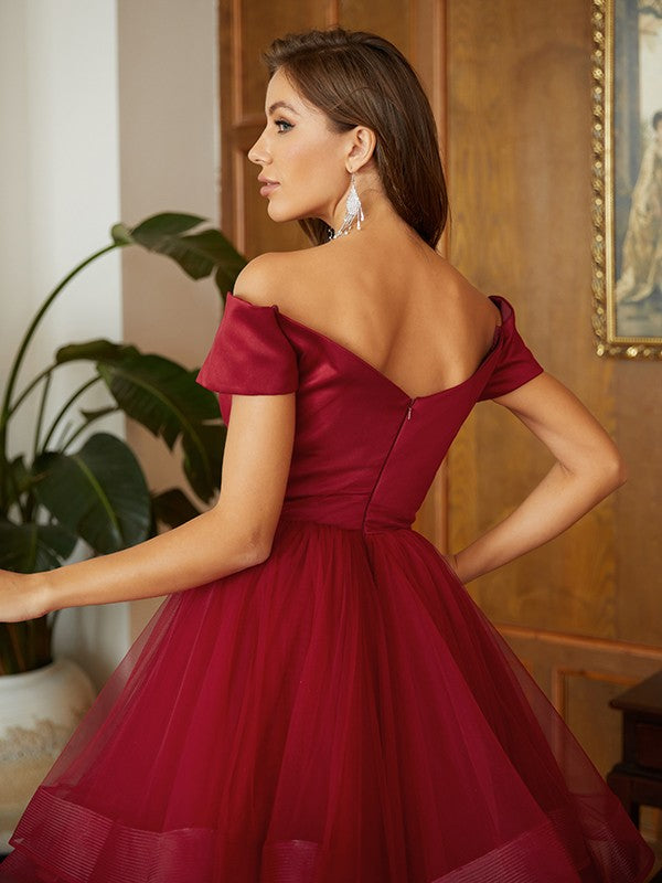 A-Line/Princess Tulle Ruffles Off-the-Shoulder Sleeveless Floor-Length Dresses