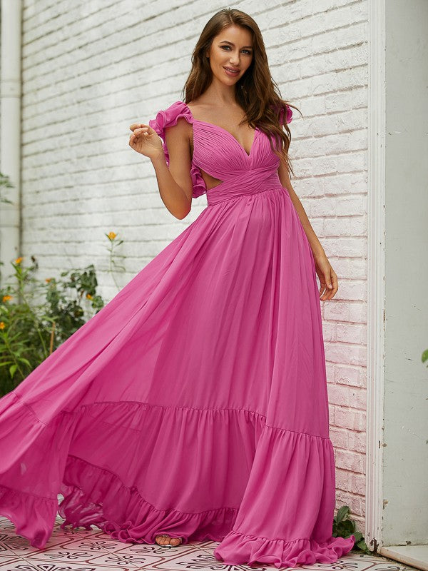 A-Line/Princess Chiffon Ruffles V-neck Sleeveless Sweep/Brush Train Dresses