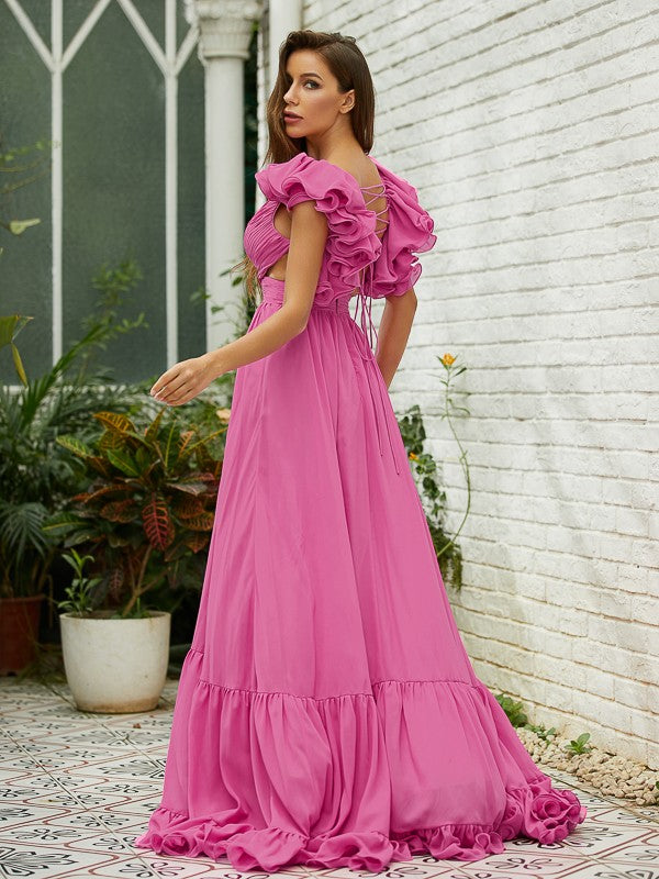 A-Line/Princess Chiffon Ruffles V-neck Sleeveless Sweep/Brush Train Dresses