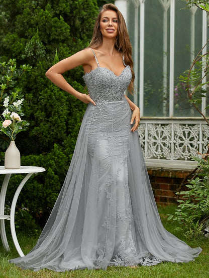 A-Line/Princess Tulle Lace V-neck Sleeveless Sweep/Brush Train Dresses