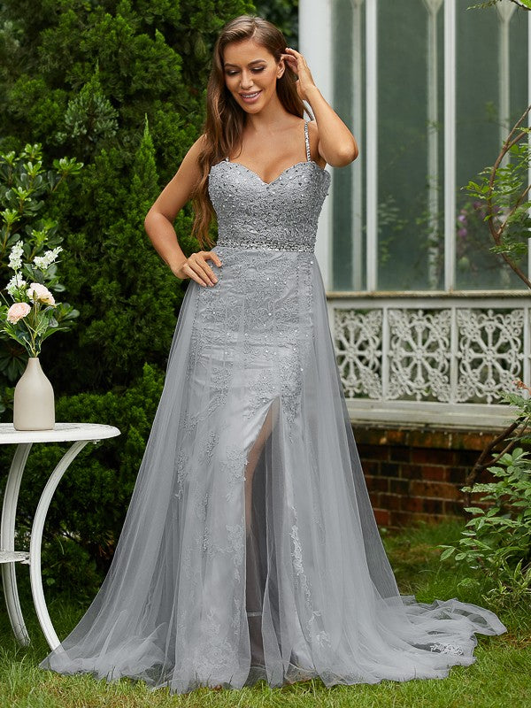 A-Line/Princess Tulle Lace V-neck Sleeveless Sweep/Brush Train Dresses