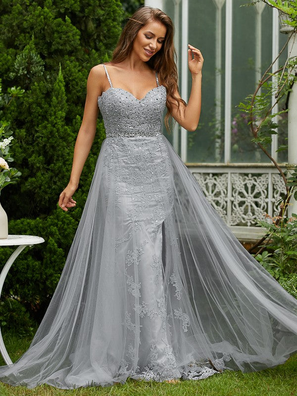 A-Line/Princess Tulle Lace V-neck Sleeveless Sweep/Brush Train Dresses