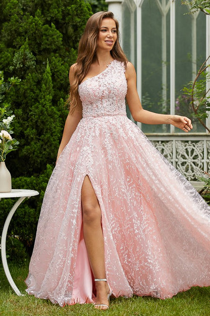 A-Line/Princess Lace Ruffles One-Shoulder Sleeveless Sweep/Brush Train Dresses