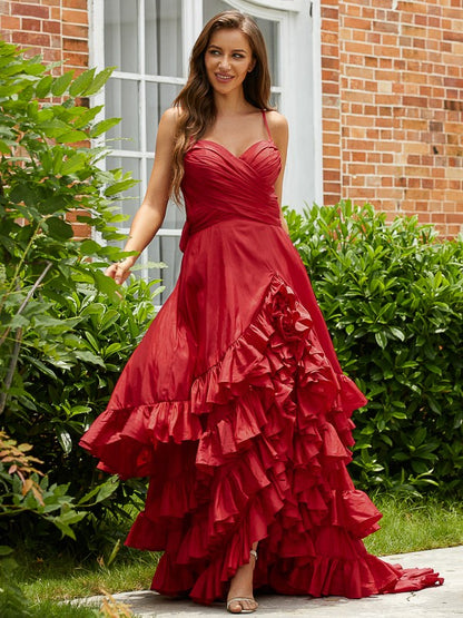 A-Line/Princess Taffeta Layers V-neck Sleeveless Asymmetrical Dresses