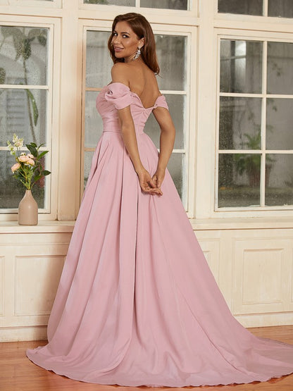 A-Line/Princess Stretch Crepe Ruffles Off-the-Shoulder Sleeveless Sweep/Brush Train Dresses