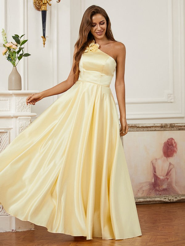 A-Line/Princess Satin Hand-Made Flower One-Shoulder Sleeveless Floor-Length Dresses