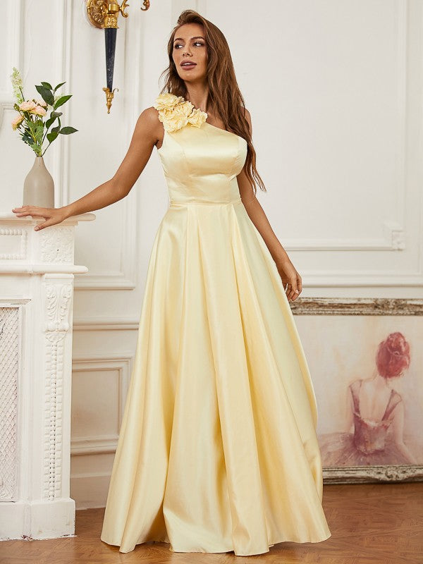 A-Line/Princess Satin Hand-Made Flower One-Shoulder Sleeveless Floor-Length Dresses