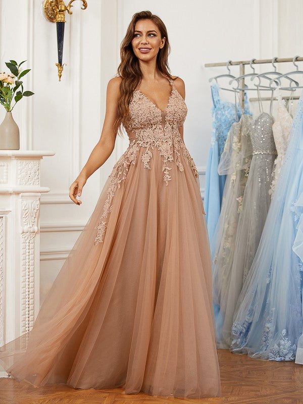 A-Line/Princess Tulle Applique V-neck Sleeveless Floor-Length Dresses