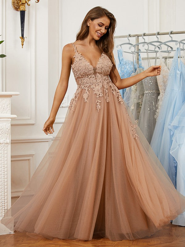 A-Line/Princess Tulle Applique V-neck Sleeveless Floor-Length Dresses