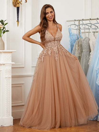 A-Line/Princess Tulle Applique V-neck Sleeveless Floor-Length Dresses