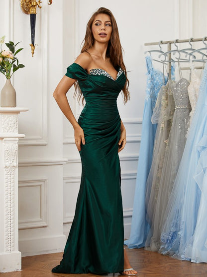 Sheath/Column Silk like Satin Ruched Off-the-Shoulder Sleeveless Sweep/Brush Train Dresses