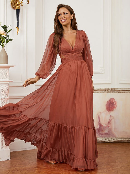 A-Line/Princess 30D Chiffon Ruffles V-neck Long Sleeves Sweep/Brush Train Dresses