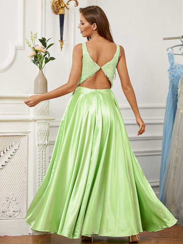 A-Line/Princess Elastic Woven Satin Lace V-neck Sleeveless Floor-Length Dresses