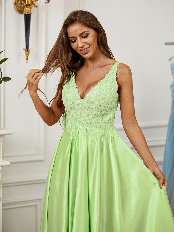 A-Line/Princess Elastic Woven Satin Lace V-neck Sleeveless Floor-Length Dresses