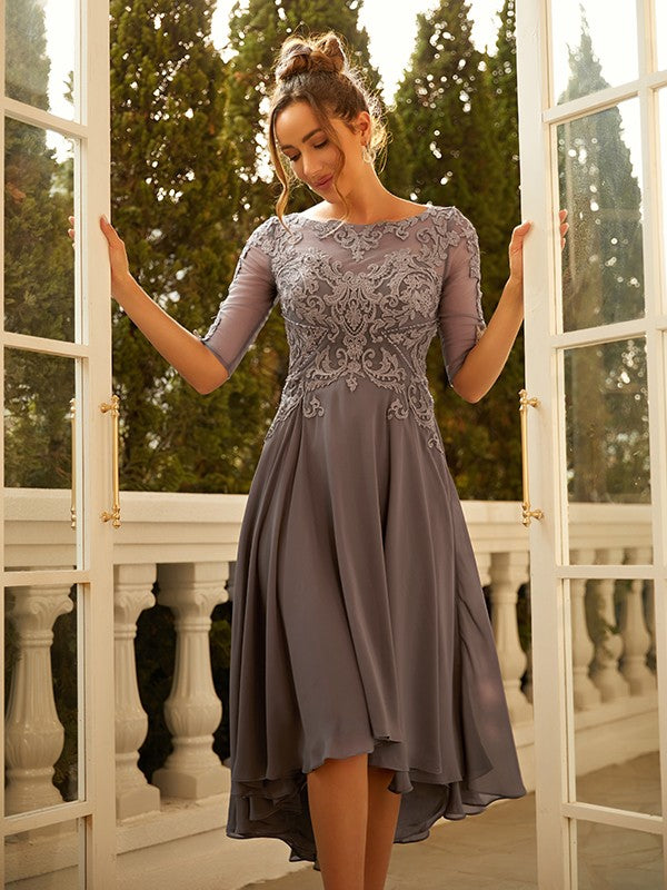 A-Line/Princess Chiffon Applique Scoop 1/2 Sleeves Asymmetrical Dresses