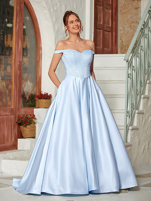 Ball Gown Satin Beading Off-the-Shoulder Sleeveless Sweep/Brush Train Dresses