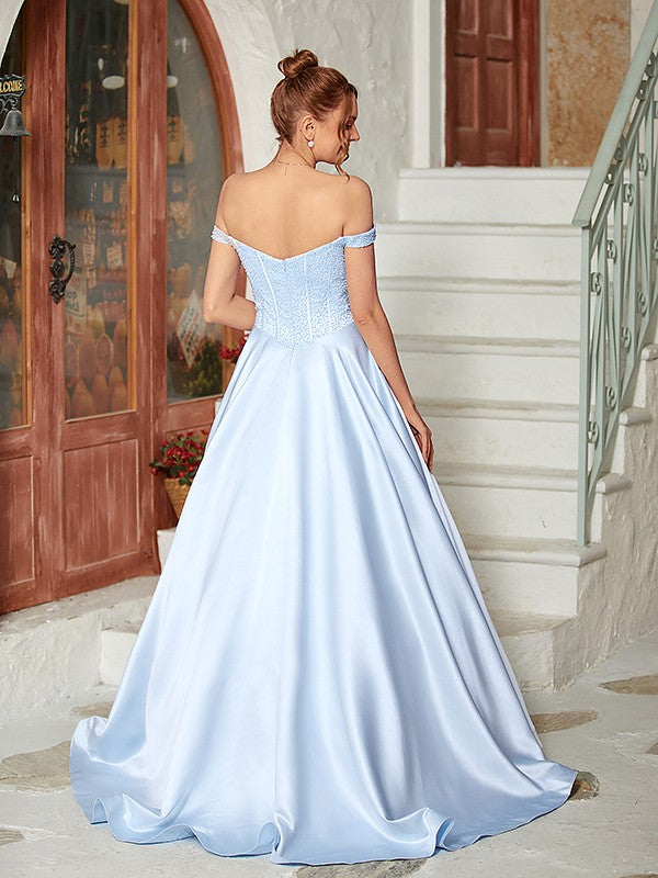 Ball Gown Satin Beading Off-the-Shoulder Sleeveless Sweep/Brush Train Dresses