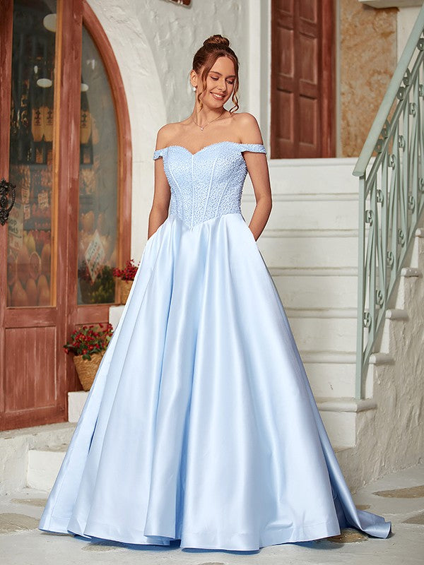 Ball Gown Satin Beading Off-the-Shoulder Sleeveless Sweep/Brush Train Dresses