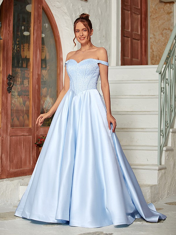 Ball Gown Satin Beading Off-the-Shoulder Sleeveless Sweep/Brush Train Dresses