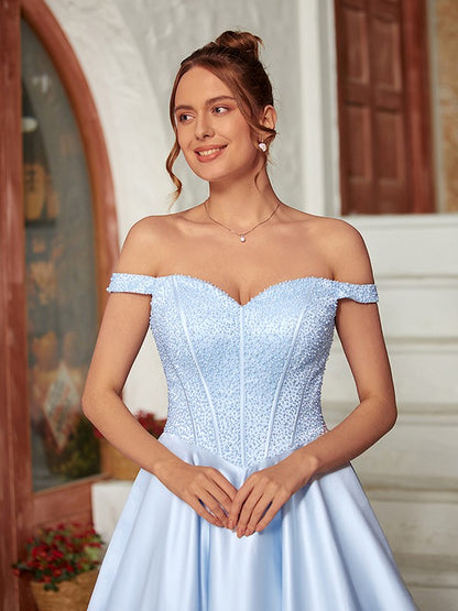 Ball Gown Satin Beading Off-the-Shoulder Sleeveless Sweep/Brush Train Dresses