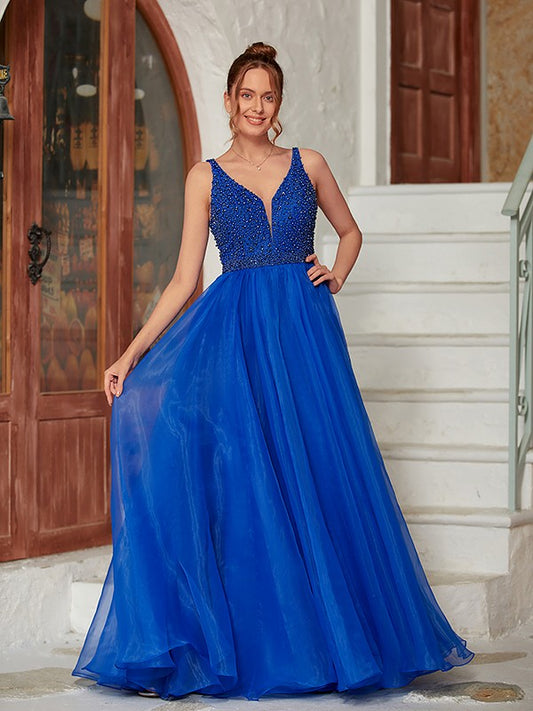 A-Line/Princess Organza Beading V-neck Sleeveless Floor-Length Dresses