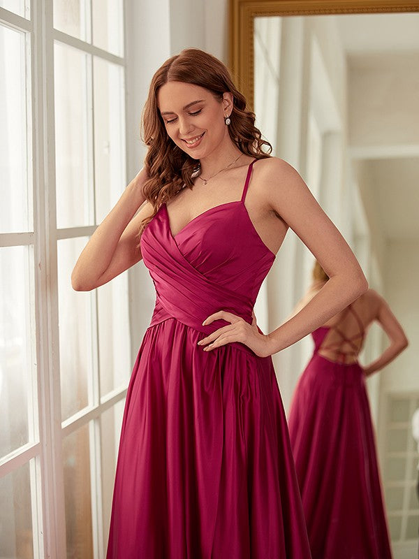 A-Line/Princess NS Elastic Woven Satin Ruched V-neck Sleeveless Sweep/Brush Train Dresses