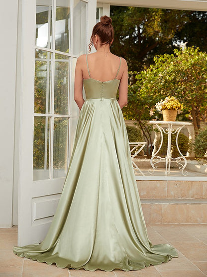 A-Line/Princess Silk like Satin Ruched Spaghetti Straps Sleeveless Sweep/Brush Train Dresses