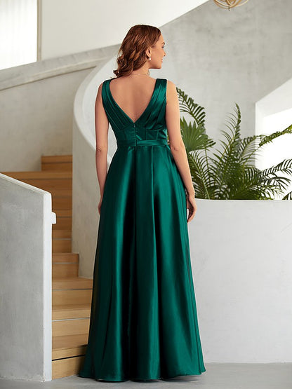 A-Line/Princess Elastic Woven Satin Ruched V-neck Sleeveless Floor-Length Dresses