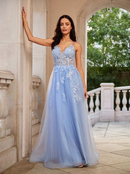 A-Line/Princess Tulle Applique V-neck Sleeveless Floor-Length Dresses