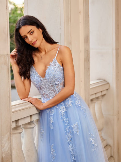 A-Line/Princess Tulle Applique V-neck Sleeveless Floor-Length Dresses