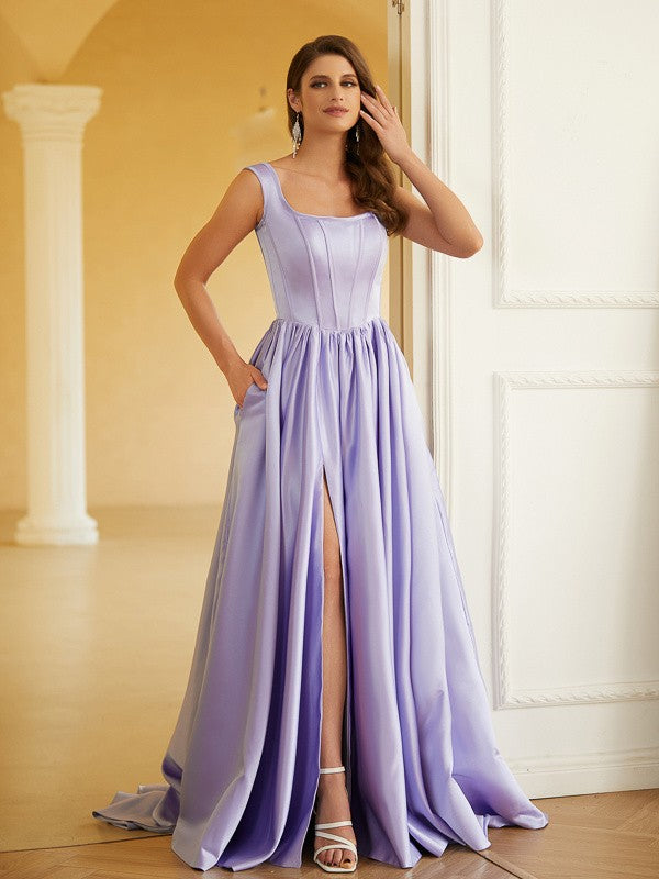 A-Line/Princess Satin Ruffles Straps Sleeveless Sweep/Brush Train Dresses