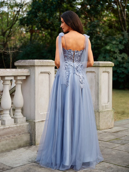 A-Line/Princess Tulle Applique Straps Sleeveless Floor-Length Dresses