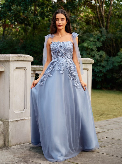 A-Line/Princess Tulle Applique Straps Sleeveless Floor-Length Dresses