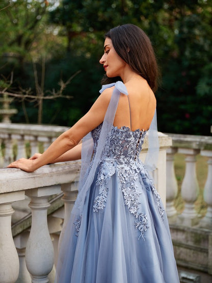 A-Line/Princess Tulle Applique Straps Sleeveless Floor-Length Dresses